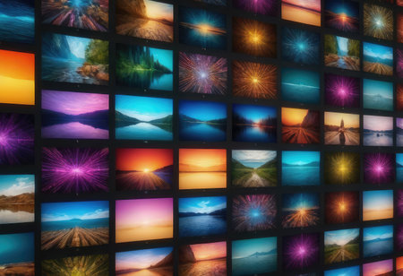 A wall adorned with numerous pictures showing various images and captivating scenes from the cosmos and beyondの素材