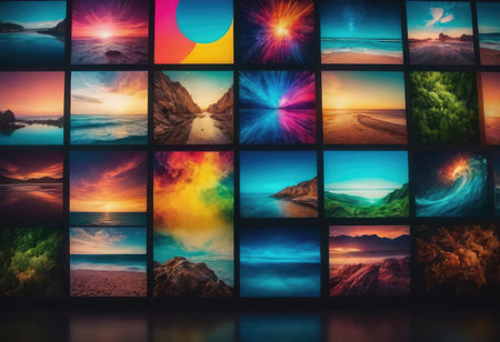 A wall adorned with numerous pictures showing various images and captivating scenes from the cosmos and beyondの素材