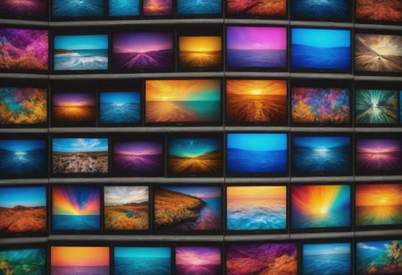 A striking wall made up of a multitude of colorful televisions, each showcasing a serene beach scene on their vibrant screensの素材