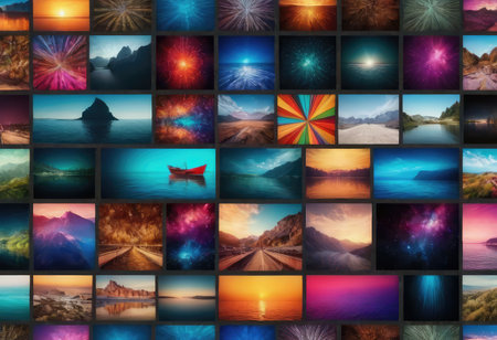 A striking wall made up of a multitude of colorful televisions, each showcasing a serene beach scene on their vibrant screensの素材