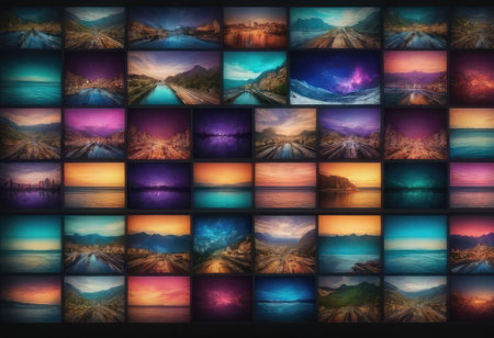 A striking wall made up of a multitude of colorful televisions, each showcasing a serene beach scene on their vibrant screensの素材