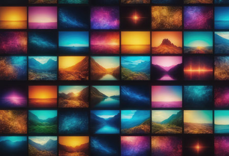 A striking wall made up of a multitude of colorful televisions, each showcasing a serene beach scene on their vibrant screensの素材