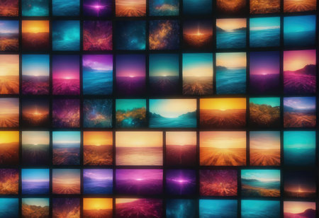 A striking wall made up of a multitude of colorful televisions, each showcasing a serene beach scene on their vibrant screensの素材