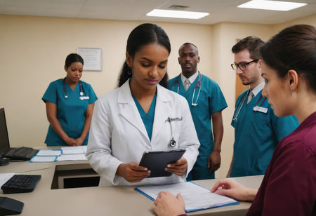 A doctor along with a nurse are carefully examining some important papers on a desk, likely related to patient care or medical proceduresの素材