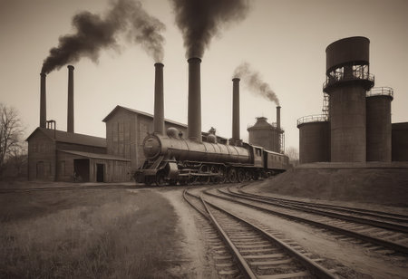This is a detailed description of a classic black and white photograph featuring a factory with prominent smoke billowing out of its tall chimneysの素材