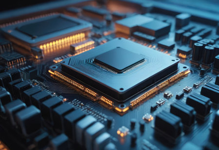 This is a detailed closeup view showcasing a computer chip situated on a motherboard, highlighting its intricate design and componentsの素材