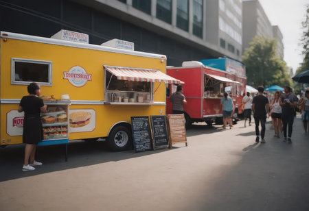 There is a food truck that prominently features the words food truck displayed on its exterior for easy recognition and advertising purposesの素材