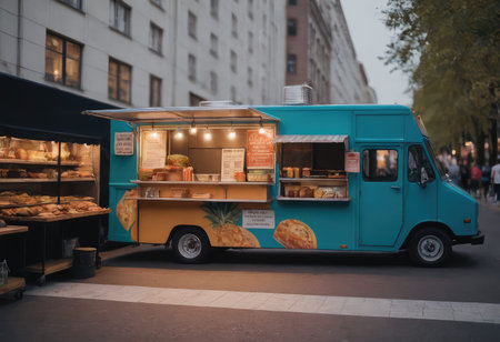 There is a food truck that prominently features the words food truck displayed on its exterior for easy recognition and advertising purposesの素材