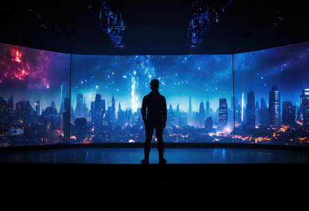 A man is standing in front of a large screen while a stunning city skyline is visible in the background, creating a striking contrastの素材