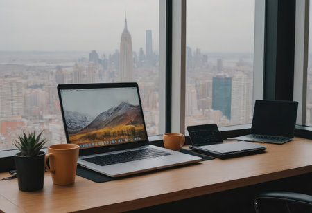A laptop is currently displaying a Windows 10 screen that is open and ready for use, showing its functionality and featuresの素材