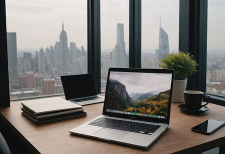 A laptop is currently open and positioned on a desk that is situated right in front of a window, allowing natural light to enterの素材