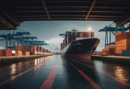 A sizable container ship has docked in a bustling harbor during the night, illuminated by the twinkling lights reflecting on the waterの素材