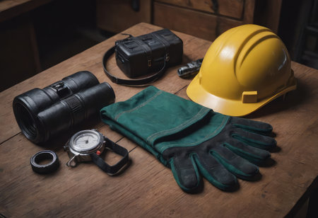 A hard hat, protective goggles, and insulating gloves are prominently located on a sturdy wooden table, ready for use in construction activitiesの素材