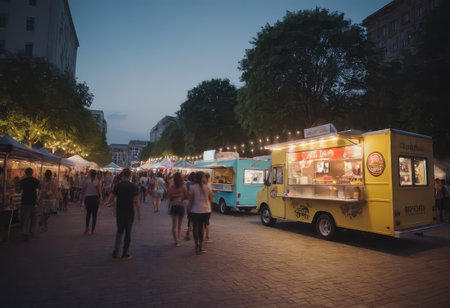 A vibrant yellow food truck is currently parked in front of a lively and engaged crowd of people eagerly awaiting delicious foodの素材