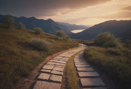 A beautiful wooden path leading through a serene landscape with majestic mountains prominently visible in the background, creating a stunning viewの素材