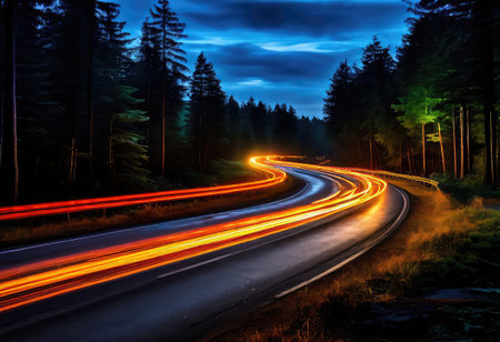 A long winding road that is traveling through a dark forest during the quiet hours of the night, under the stars aboveの素材