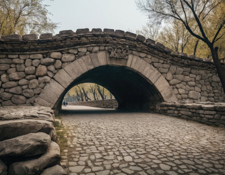 A beautiful stone bridge gracefully spans across a charming cobblestone road, complemented by lush trees in the scenic backgroundの素材