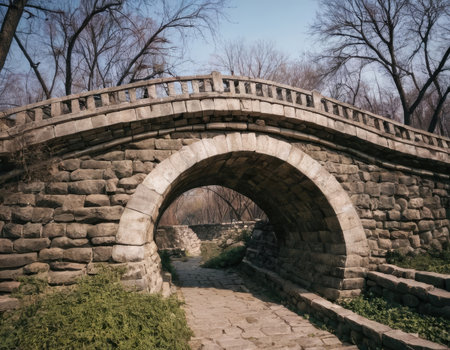 An ancient stone bridge gracefully arches over a serene body of water located in a beautiful park filled with lush greenery and treesの素材