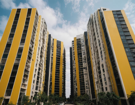 A scenic row of tall yellow and white buildings set against a clear blue skyの写真素材