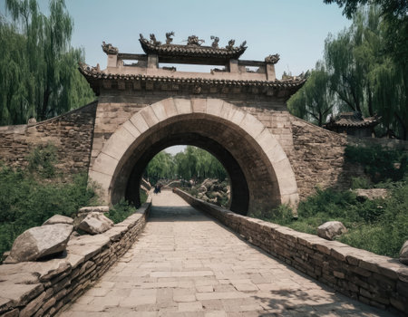 A picturesque stone bridge gracefully spans over a tranquil body of water, while majestic trees rise in the background, adding to the scenic beautyの素材
