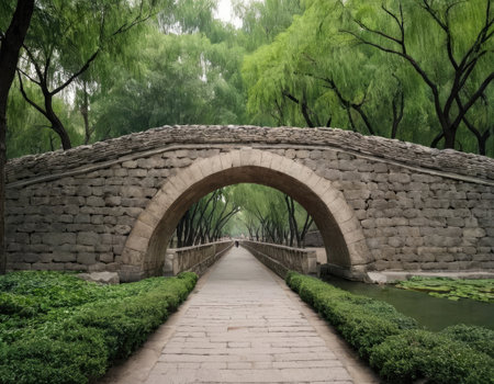 A picturesque stone bridge gracefully spans over a tranquil body of water, while majestic trees rise in the background, adding to the scenic beautyの素材