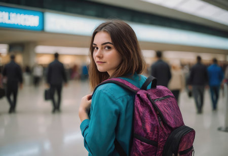 A woman dressed stylishly and carrying a vibrant purple backpack is standing in front of a large sign that reads Declarationの素材