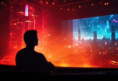 A man stands in front of an expansive city beautifully lit up at night, creating a stunning and vibrant scene all around himの素材