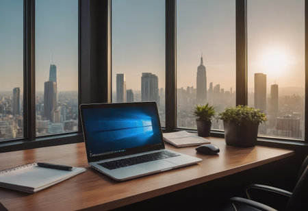 A laptop is positioned and open on a desk that is situated directly in front of a window, allowing natural light to illuminate itの素材