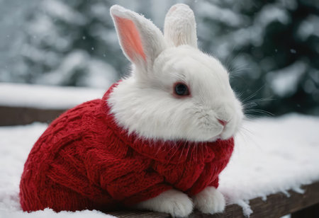 In a picturesque winter scene, a white rabbit can be seen sitting in the snow, wearing a cozy red sweater that adds charm to the chilly landscapeの素材