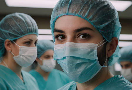 A skilled surgeon, wearing a protective mask and glasses, looks intently at the camera while preparing for a medical procedureの素材