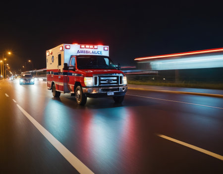An ambulance is speeding down a bustling city street during the nighttime hours, responding rapidly to an emergency call for helpの素材