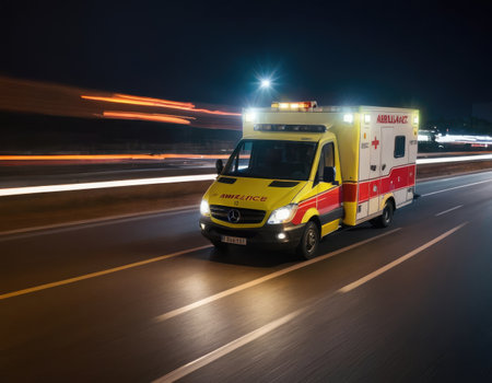 An ambulance is speeding down a bustling city street during the nighttime hours, responding rapidly to an emergency call for helpの素材