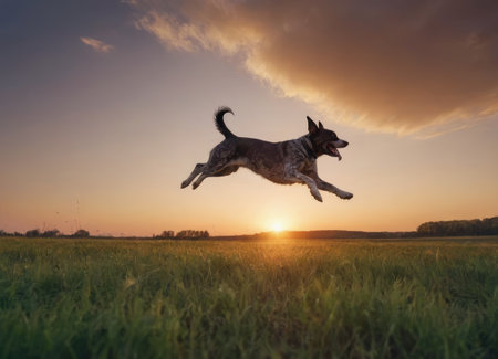 A playful dog is joyfully running through a vibrant grassy field as the sun sets, painting the sky with beautiful colorsの素材