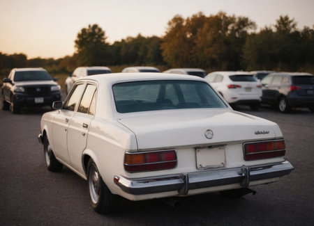 A white voyager, representing an elegant mode of transportation, is currently parked in a spacious parking lot, waiting for its ownerの素材