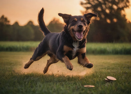 A playful dog is joyfully jumping in the air within a beautiful field during a stunning sunset, showcasing vibrant colorsの素材