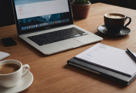 On a table, two steaming cups of coffee are placed closely next to a sleek laptop, creating a cozy workspace atmosphereの素材