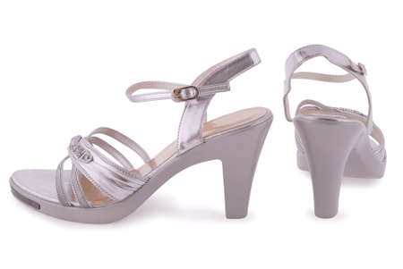 Silver female shoes isolated on white backgroundの写真素材
