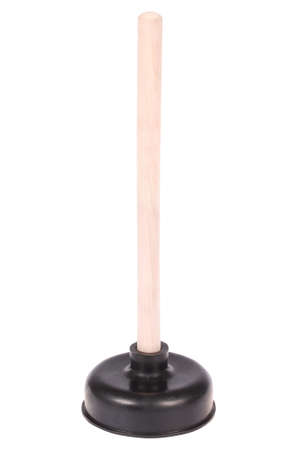 Plunger with wooden handle isolated on white.の写真素材