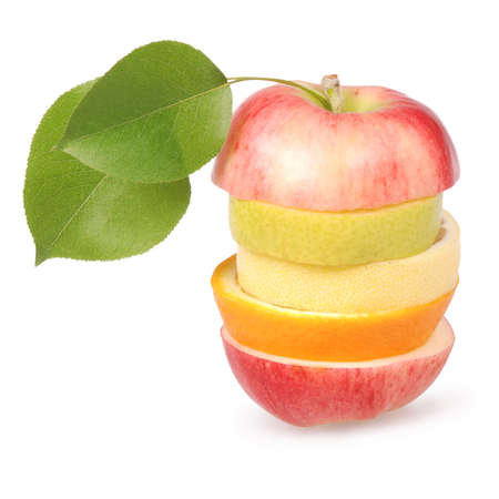 Cheerful mixed fruits with leaves including orange, pear, apple and lemon isolated on white. の写真素材