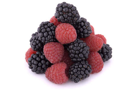 Raspberries and blackberries on white backgroundの写真素材