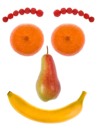 Funny face made from fruit isolated on white.の写真素材