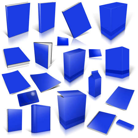 Blue 3d blank cover collection, isolated on whiteの写真素材