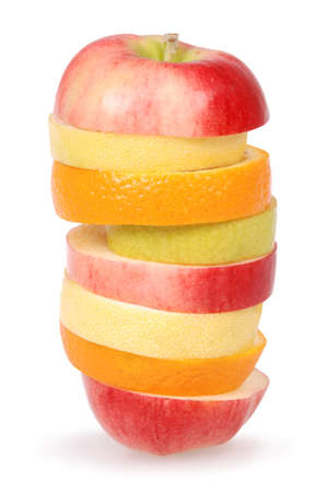 Cheerful mixed fruits including orange, pear, apple and lemon isolated on whiteの写真素材