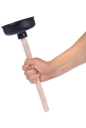 Hand holding plunger with wooden handle isolated on white  の写真素材