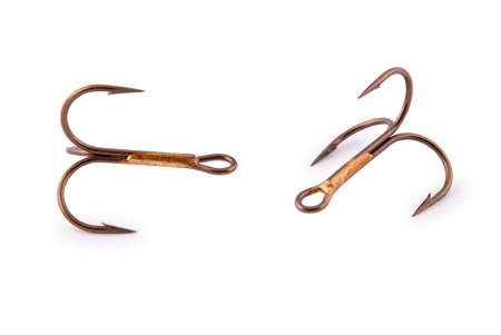 Treble fishing hook on white. の写真素材