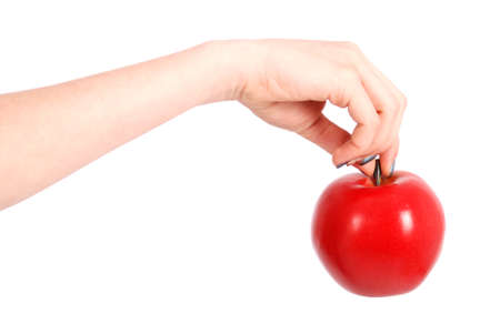 Girl holding a red apple isolated on whiteの写真素材