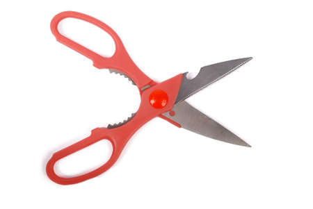 Red scissors isolated on white backgroundの写真素材