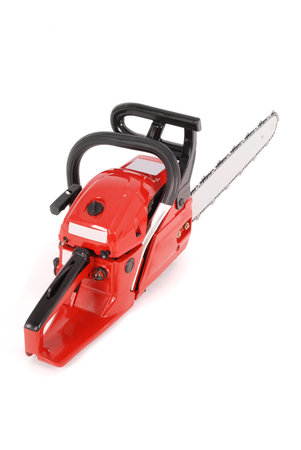Red professional chainsaw isolated on white backgroundの写真素材