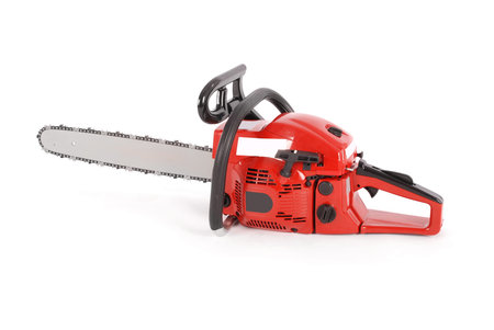 Red professional chainsaw isolated on white backgroundの写真素材