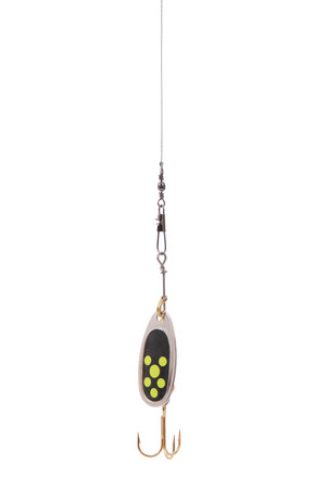 Black fishing spoon hanging top of the screen isolated on white